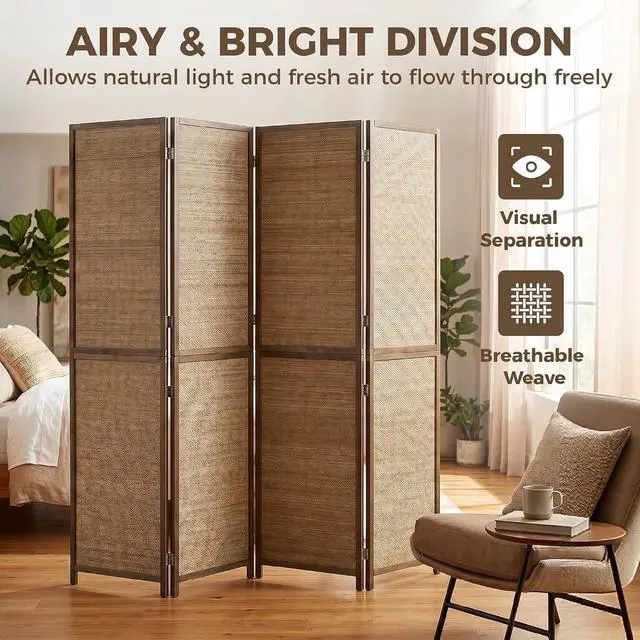 Alt view image 6 of 7 - Room Divider, 6 FT Tall Folding Privacy Screen, 4-Panel Boho Brown | Hand-Woven Bamboo Wall Partition, Portable Freestanding Wall Divider, Room Separation, Bedroom, Home Office