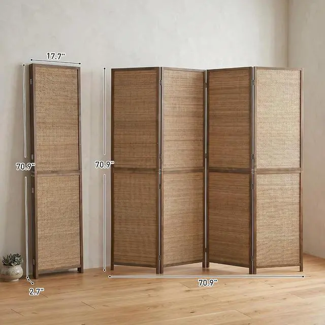 Alt view image 7 of 7 - Room Divider, 6 FT Tall Folding Privacy Screen, 4-Panel Boho Brown | Hand-Woven Bamboo Wall Partition, Portable Freestanding Wall Divider, Room Separation, Bedroom, Home Office