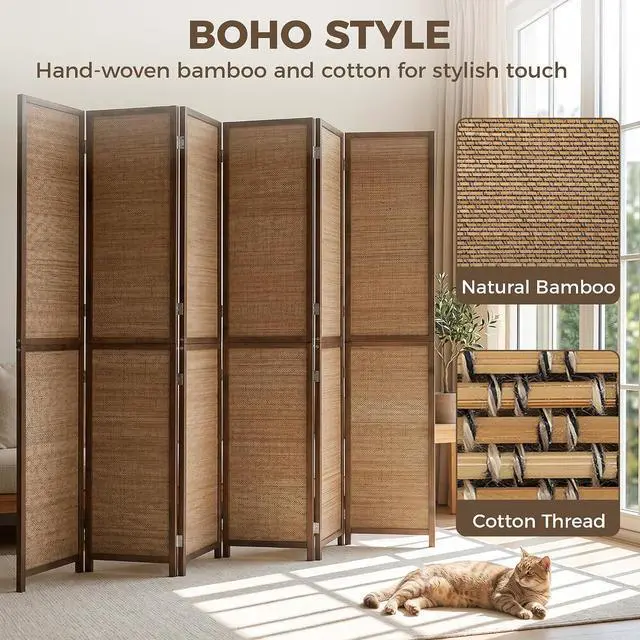 Alt view image 3 of 7 - 6 FT Room Divider, 6 Panel Hand-Woven Bamboo Privacy Screen Brown | Hand-Woven Bamboo Wall Partition for Room Separation, Portable Boho Freestanding Wall Divider, Bedroom Home Office
