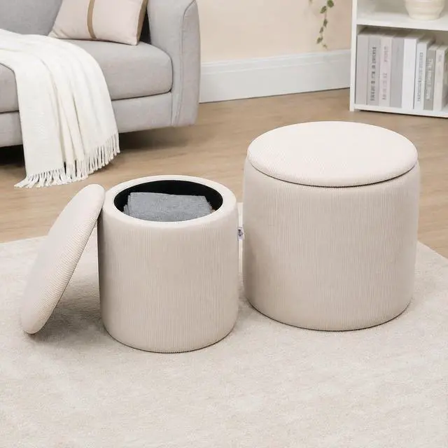 Main image of Ottoman with Storage Corduroy Stool Removable Wood Lid Cream White | Set of 2, Hidden Space, Nesting Ottoman Stool, Living Room