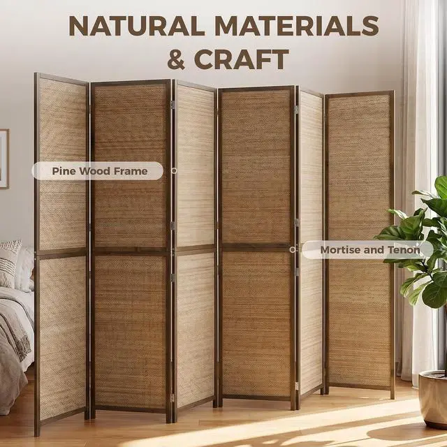 Alt view image 4 of 7 - 6 FT Room Divider, 6 Panel Hand-Woven Bamboo Privacy Screen Brown | Hand-Woven Bamboo Wall Partition for Room Separation, Portable Boho Freestanding Wall Divider, Bedroom Home Office