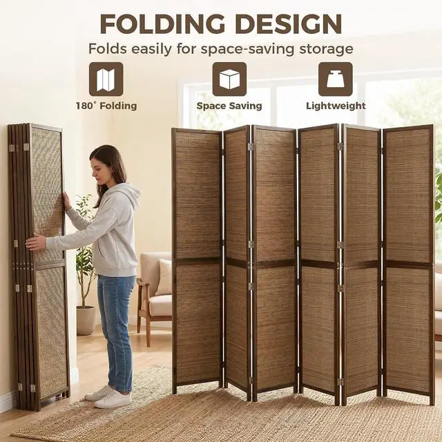 Alt view image 5 of 7 - 6 FT Room Divider, 6 Panel Hand-Woven Bamboo Privacy Screen Brown | Hand-Woven Bamboo Wall Partition for Room Separation, Portable Boho Freestanding Wall Divider, Bedroom Home Office