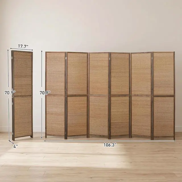 Alt view image 7 of 7 - 6 FT Room Divider, 6 Panel Hand-Woven Bamboo Privacy Screen Brown | Hand-Woven Bamboo Wall Partition for Room Separation, Portable Boho Freestanding Wall Divider, Bedroom Home Office