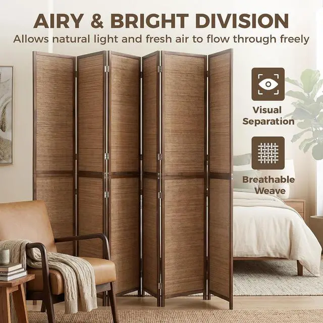 Alt view image 6 of 7 - 6 FT Room Divider, 6 Panel Hand-Woven Bamboo Privacy Screen Brown | Hand-Woven Bamboo Wall Partition for Room Separation, Portable Boho Freestanding Wall Divider, Bedroom Home Office