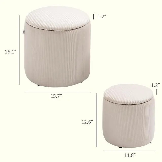 Alt view image 2 of 7 - Ottoman with Storage Corduroy Stool Removable Wood Lid Cream White | Set of 2, Hidden Space, Nesting Ottoman Stool, Living Room
