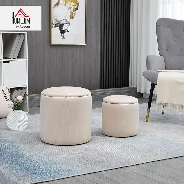 Alt view image 3 of 7 - Ottoman with Storage Corduroy Stool Removable Wood Lid Cream White | Set of 2, Hidden Space, Nesting Ottoman Stool, Living Room