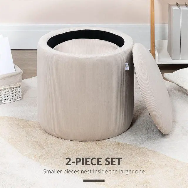 Alt view image 4 of 7 - Ottoman with Storage Corduroy Stool Removable Wood Lid Cream White | Set of 2, Hidden Space, Nesting Ottoman Stool, Living Room