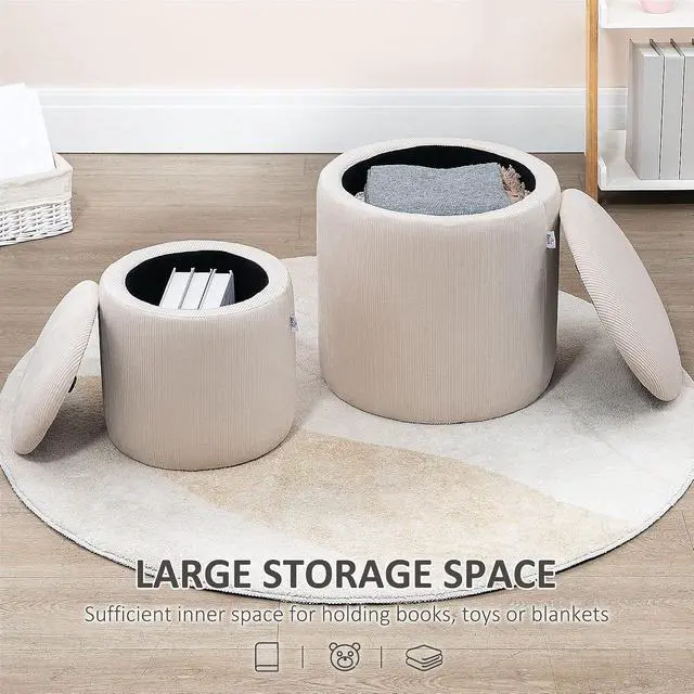 Alt view image 5 of 7 - Ottoman with Storage Corduroy Stool Removable Wood Lid Cream White | Set of 2, Hidden Space, Nesting Ottoman Stool, Living Room