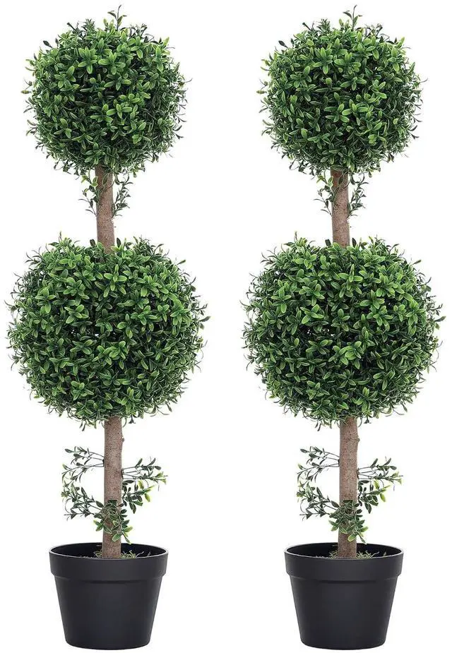 Main image of Artificial Double Ball Boxwood Topiary Trees Outdoor 36" Set of 2 | In Pot, Fake Plants, Home Indoor Outdoor, Front Porch Decor, Green