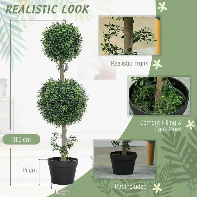 Alt view image 3 of 7 - Artificial Double Ball Boxwood Topiary Trees Outdoor 36" Set of 2 | In Pot, Fake Plants, Home Indoor Outdoor, Front Porch Decor, Green