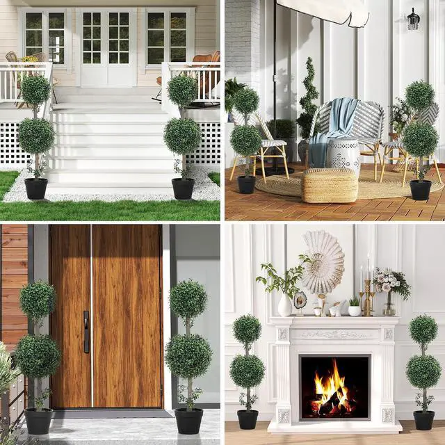 Alt view image 2 of 7 - Artificial Double Ball Boxwood Topiary Trees Outdoor 36" Set of 2 | In Pot, Fake Plants, Home Indoor Outdoor, Front Porch Decor, Green