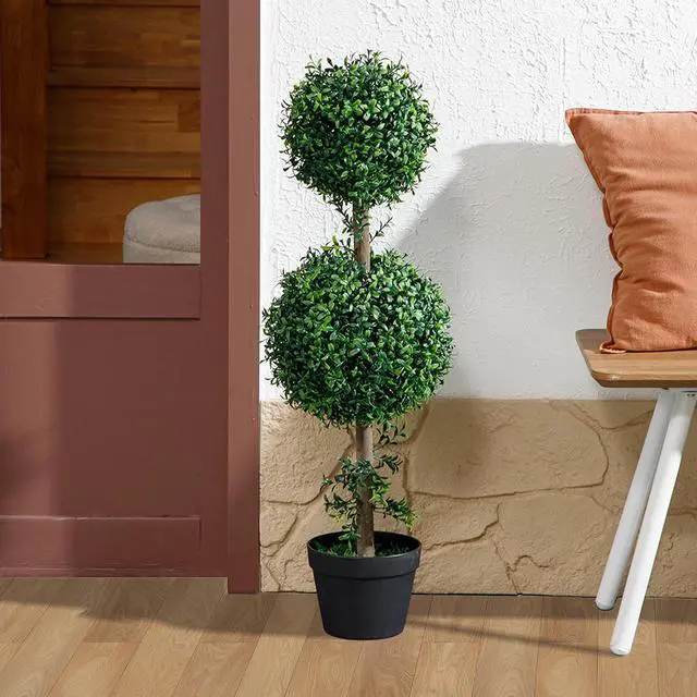 Alt view image 6 of 7 - Artificial Double Ball Boxwood Topiary Trees Outdoor 36" Set of 2 | In Pot, Fake Plants, Home Indoor Outdoor, Front Porch Decor, Green