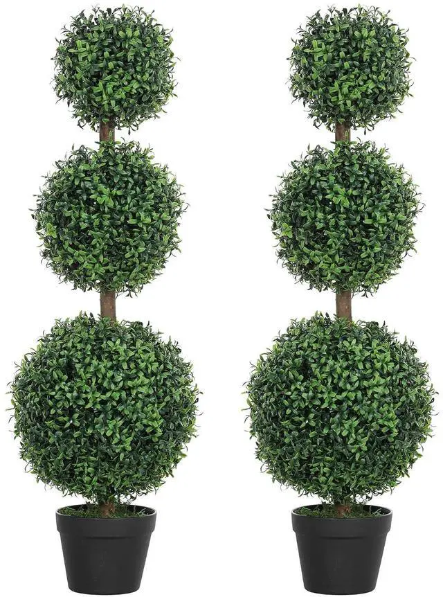 Main image of Artificial Triple Ball Boxwood Topiary Trees Outdoor 40" Set of 2 | Ball-Shaped Boxwood, Fake Plants, Home Indoor Outdoor Front Porch Decor