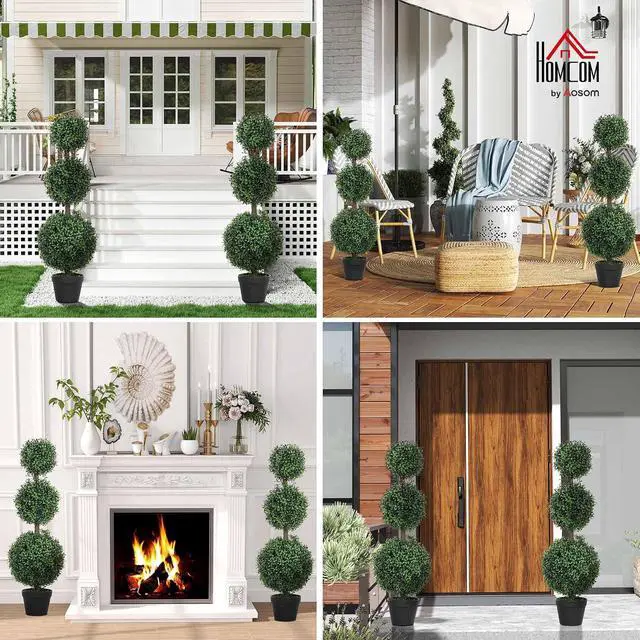 Alt view image 2 of 7 - Artificial Triple Ball Boxwood Topiary Trees Outdoor 40" Set of 2 | Ball-Shaped Boxwood, Fake Plants, Home Indoor Outdoor Front Porch Decor