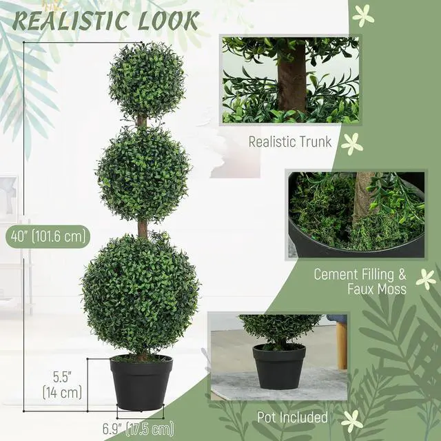 Alt view image 3 of 7 - Artificial Triple Ball Boxwood Topiary Trees Outdoor 40" Set of 2 | Ball-Shaped Boxwood, Fake Plants, Home Indoor Outdoor Front Porch Decor