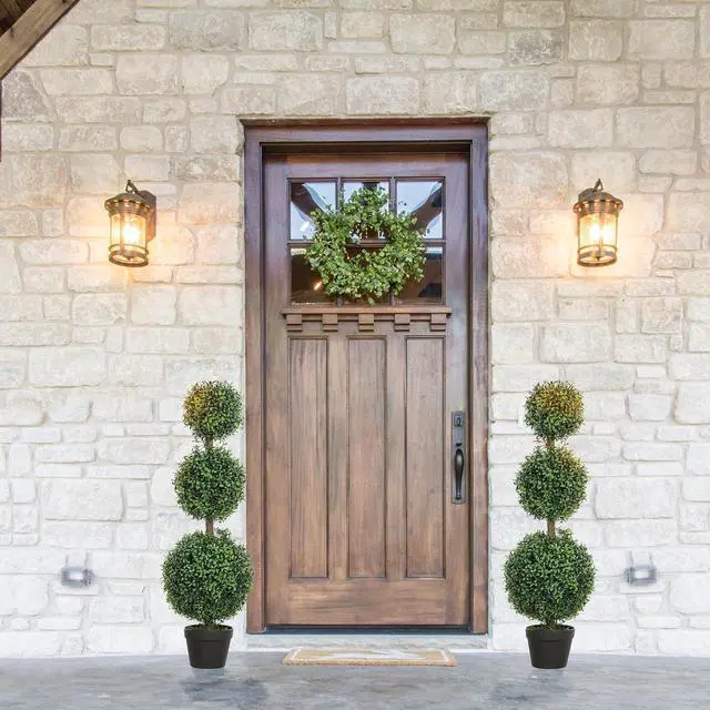 Alt view image 6 of 7 - Artificial Triple Ball Boxwood Topiary Trees Outdoor 40" Set of 2 | Ball-Shaped Boxwood, Fake Plants, Home Indoor Outdoor Front Porch Decor
