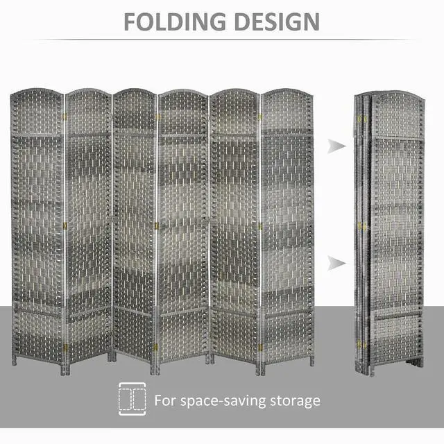 Alt view image 3 of 7 - 6 Panel Room Divider 6 Ft Privacy Screen Hand-Woven Mixed Gray | Folding PP Wall Partition, Pine Wood Frame, Freestanding Room Separator, Bedroom Home Office, No Assembly