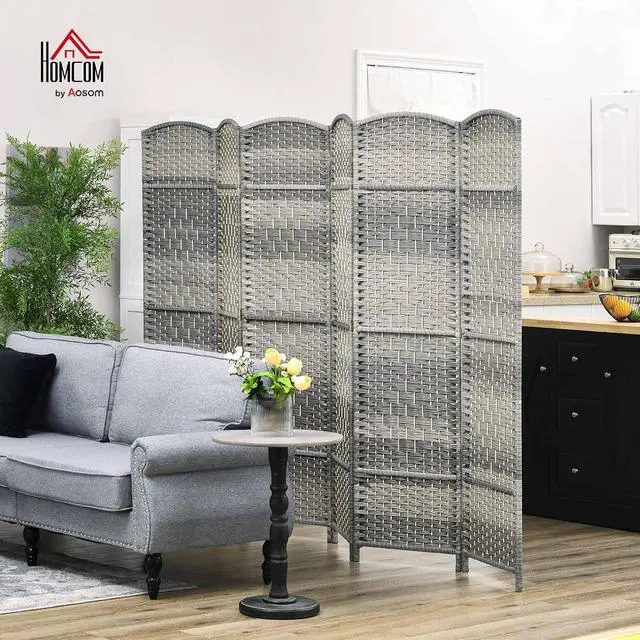 Alt view image 2 of 7 - 6 Panel Room Divider 6 Ft Privacy Screen Hand-Woven Mixed Gray | Folding PP Wall Partition, Pine Wood Frame, Freestanding Room Separator, Bedroom Home Office, No Assembly