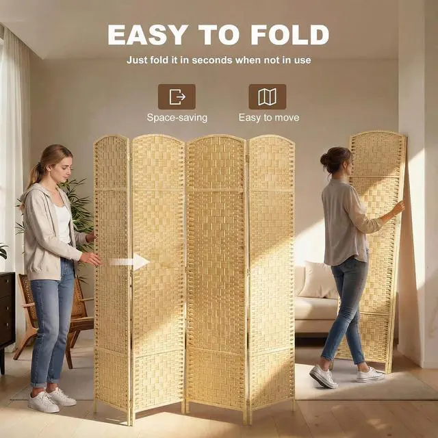 Alt view image 4 of 7 - Room Divider, 6 Ft 4 Panel Folding Privacy Screen, Hand-Woven PP Wall Partition with Pine Wood Frame, Freestanding Room Separator for Bedroom, Home Office, No Assembly, Nature Wood