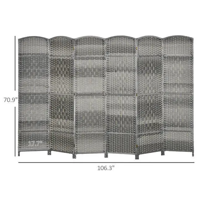 Alt view image 7 of 7 - 6 Panel Room Divider 6 Ft Privacy Screen Hand-Woven Mixed Gray | Folding PP Wall Partition, Pine Wood Frame, Freestanding Room Separator, Bedroom Home Office, No Assembly