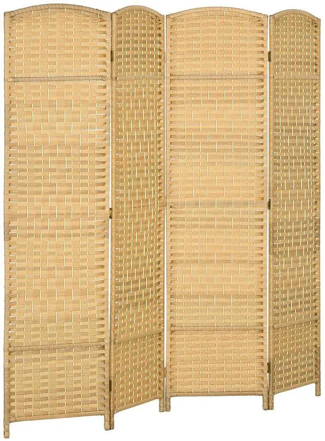Main image of Room Divider, 6 Ft 4 Panel Folding Privacy Screen, Hand-Woven PP Wall Partition with Pine Wood Frame, Freestanding Room Separator for Bedroom, Home Office, No Assembly, Nature Wood