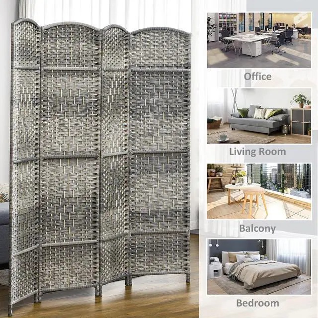 Alt view image 6 of 7 - 6 Panel Room Divider 6 Ft Privacy Screen Hand-Woven Mixed Gray | Folding PP Wall Partition, Pine Wood Frame, Freestanding Room Separator, Bedroom Home Office, No Assembly