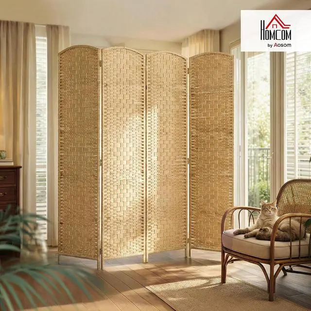 Alt view image 2 of 7 - Room Divider, 6 Ft 4 Panel Folding Privacy Screen, Hand-Woven PP Wall Partition with Pine Wood Frame, Freestanding Room Separator for Bedroom, Home Office, No Assembly, Nature Wood