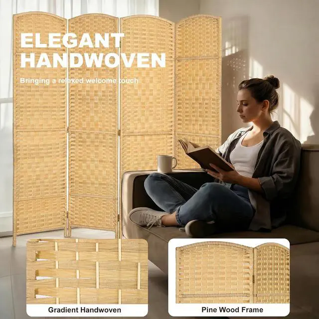 Alt view image 3 of 7 - Room Divider, 6 Ft 4 Panel Folding Privacy Screen, Hand-Woven PP Wall Partition with Pine Wood Frame, Freestanding Room Separator for Bedroom, Home Office, No Assembly, Nature Wood