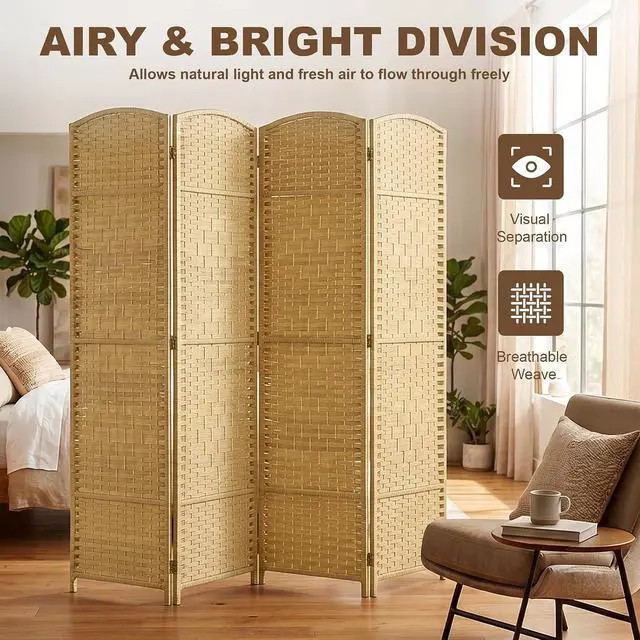 Alt view image 6 of 7 - Room Divider, 6 Ft 4 Panel Folding Privacy Screen, Hand-Woven PP Wall Partition with Pine Wood Frame, Freestanding Room Separator for Bedroom, Home Office, No Assembly, Nature Wood