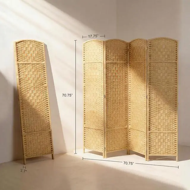 Alt view image 7 of 7 - Room Divider, 6 Ft 4 Panel Folding Privacy Screen, Hand-Woven PP Wall Partition with Pine Wood Frame, Freestanding Room Separator for Bedroom, Home Office, No Assembly, Nature Wood