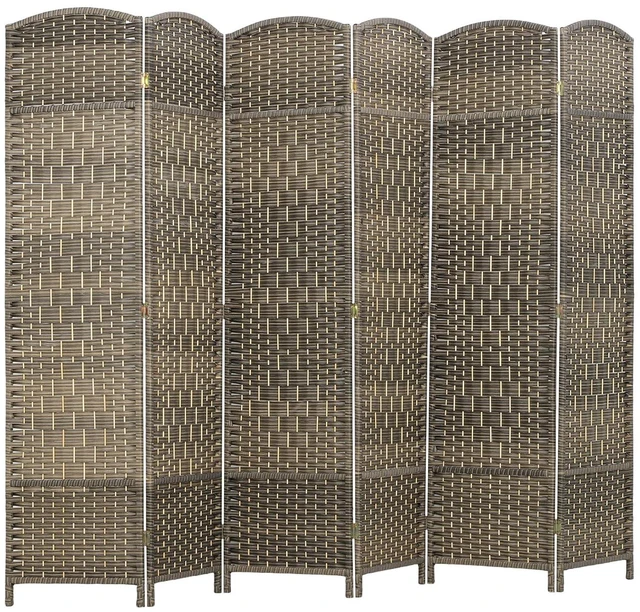 Main image of 6 Panel Room Divider 6 Ft Privacy Screen Hand-Woven Dark Rustic Oak | Folding PP Wall Partition, Pine Wood Frame, Freestanding Room Separator, Bedroom Home Office, No Assembly