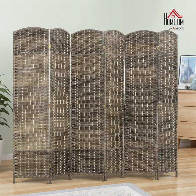 Alt view image 2 of 7 - 6 Panel Room Divider 6 Ft Privacy Screen Hand-Woven Dark Rustic Oak | Folding PP Wall Partition, Pine Wood Frame, Freestanding Room Separator, Bedroom Home Office, No Assembly