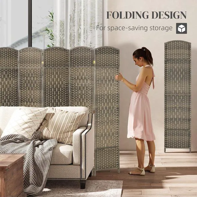 Alt view image 3 of 7 - 6 Panel Room Divider 6 Ft Privacy Screen Hand-Woven Dark Rustic Oak | Folding PP Wall Partition, Pine Wood Frame, Freestanding Room Separator, Bedroom Home Office, No Assembly