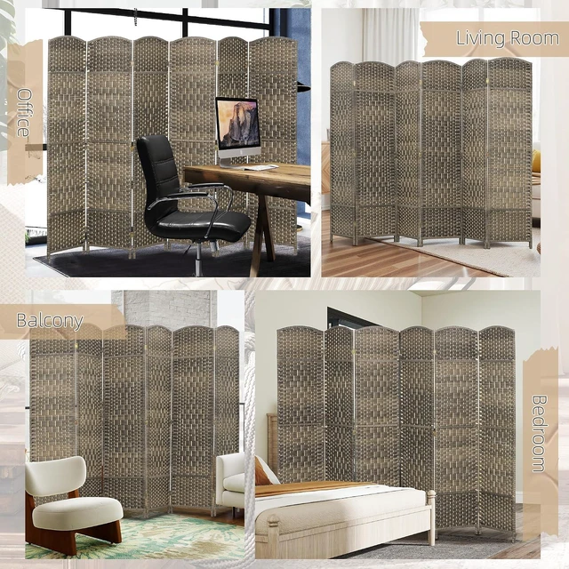 Alt view image 6 of 7 - 6 Panel Room Divider 6 Ft Privacy Screen Hand-Woven Dark Rustic Oak | Folding PP Wall Partition, Pine Wood Frame, Freestanding Room Separator, Bedroom Home Office, No Assembly