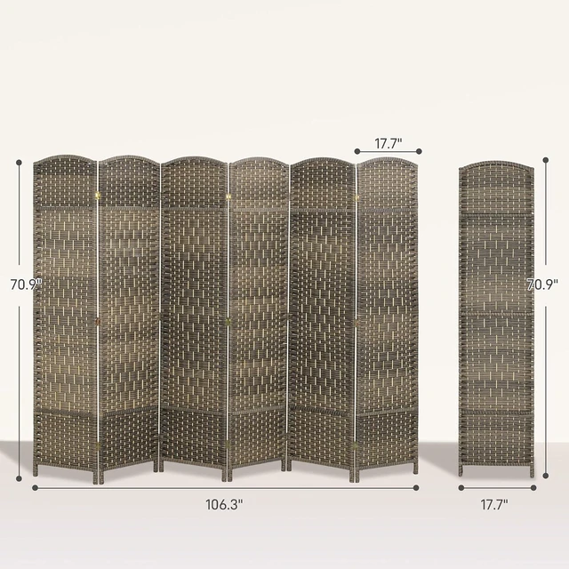 Alt view image 7 of 7 - 6 Panel Room Divider 6 Ft Privacy Screen Hand-Woven Dark Rustic Oak | Folding PP Wall Partition, Pine Wood Frame, Freestanding Room Separator, Bedroom Home Office, No Assembly