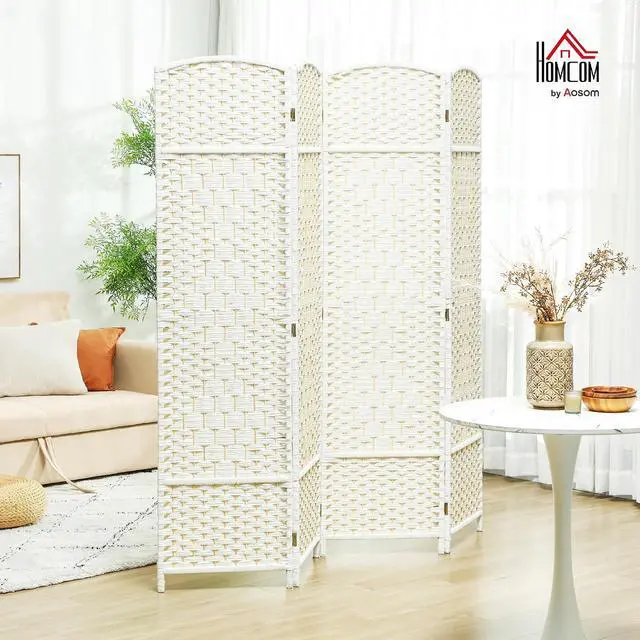 Alt view image 2 of 7 - 4 Panel Room Divider 6 Ft Privacy Screen Hand-Woven White | Folding PP Wall Partition, Pine Wood Frame, Freestanding Room Separator, Bedroom Home Office, No Assembly