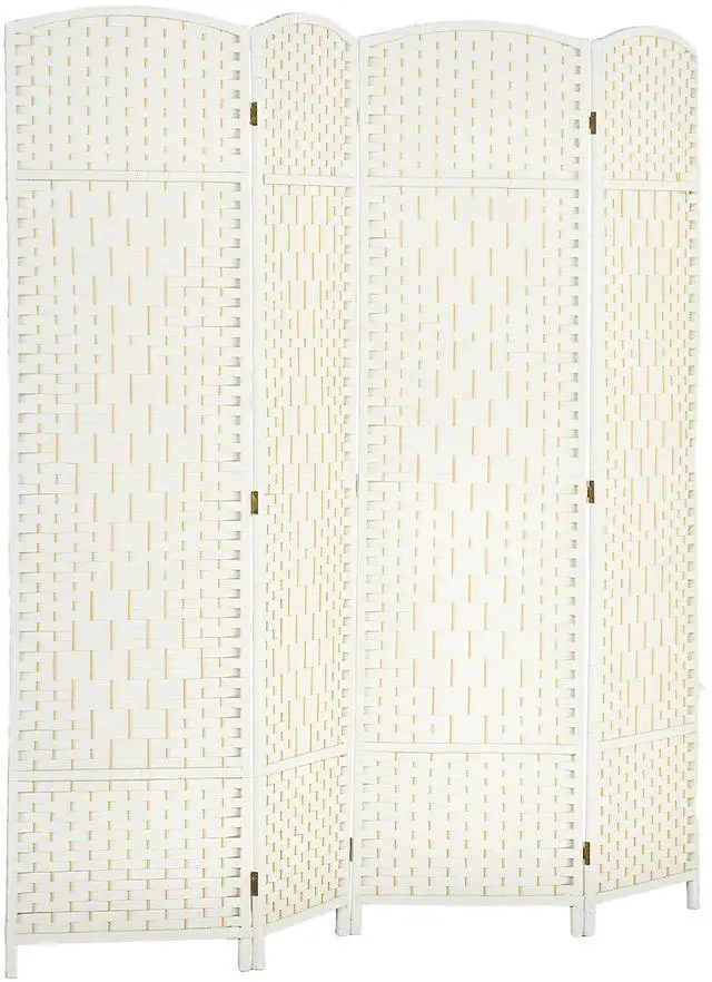 Main image of 4 Panel Room Divider 6 Ft Privacy Screen Hand-Woven White | Folding PP Wall Partition, Pine Wood Frame, Freestanding Room Separator, Bedroom Home Office, No Assembly