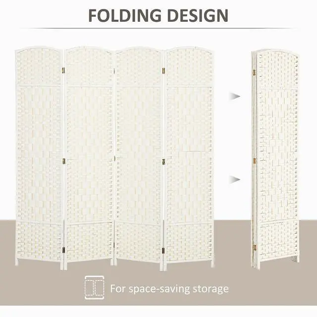 Alt view image 3 of 7 - 4 Panel Room Divider 6 Ft Privacy Screen Hand-Woven White | Folding PP Wall Partition, Pine Wood Frame, Freestanding Room Separator, Bedroom Home Office, No Assembly