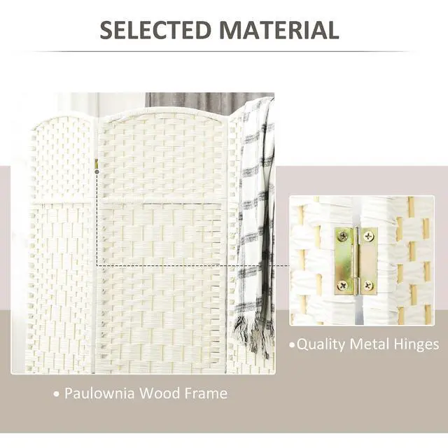 Alt view image 5 of 7 - 4 Panel Room Divider 6 Ft Privacy Screen Hand-Woven White | Folding PP Wall Partition, Pine Wood Frame, Freestanding Room Separator, Bedroom Home Office, No Assembly