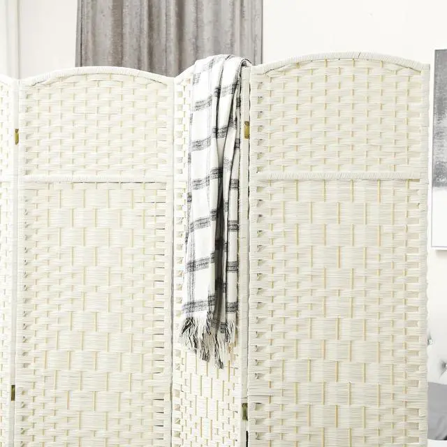 Alt view image 6 of 7 - 4 Panel Room Divider 6 Ft Privacy Screen Hand-Woven White | Folding PP Wall Partition, Pine Wood Frame, Freestanding Room Separator, Bedroom Home Office, No Assembly