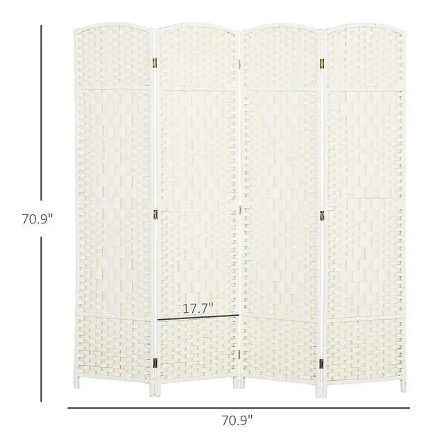 Alt view image 7 of 7 - 4 Panel Room Divider 6 Ft Privacy Screen Hand-Woven White | Folding PP Wall Partition, Pine Wood Frame, Freestanding Room Separator, Bedroom Home Office, No Assembly