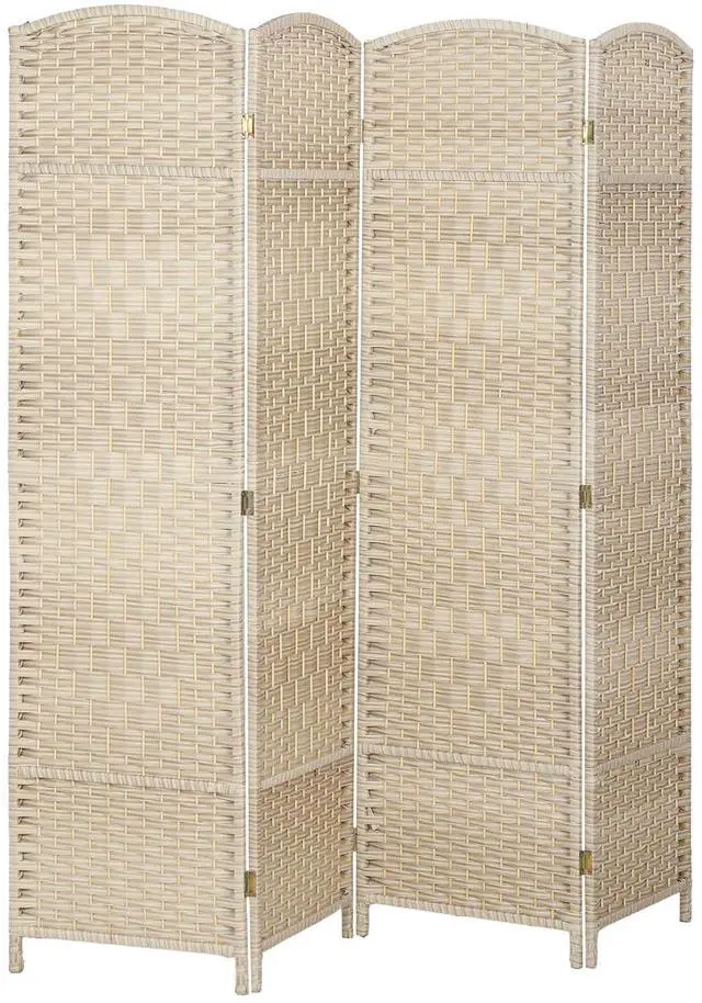 Main image of 4 Panel Room Divider 6 Ft Privacy Screen Hand-Woven Washed Oak | Folding PP Wall Partition, Pine Wood Frame, Freestanding Room Separator, Bedroom Home Office, No Assembly