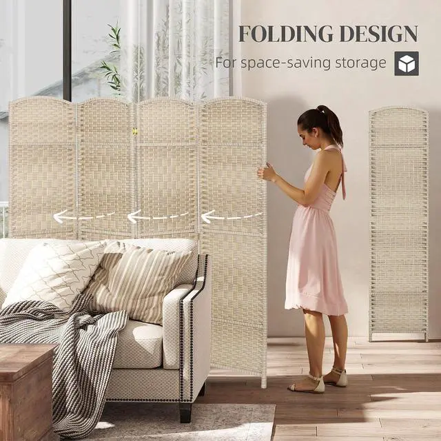 Alt view image 3 of 7 - 4 Panel Room Divider 6 Ft Privacy Screen Hand-Woven Washed Oak | Folding PP Wall Partition, Pine Wood Frame, Freestanding Room Separator, Bedroom Home Office, No Assembly