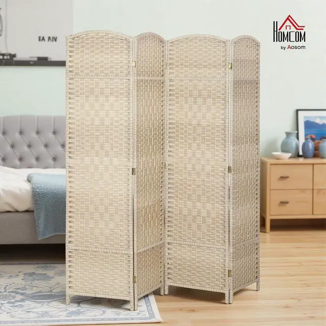 Alt view image 2 of 7 - 4 Panel Room Divider 6 Ft Privacy Screen Hand-Woven Washed Oak | Folding PP Wall Partition, Pine Wood Frame, Freestanding Room Separator, Bedroom Home Office, No Assembly