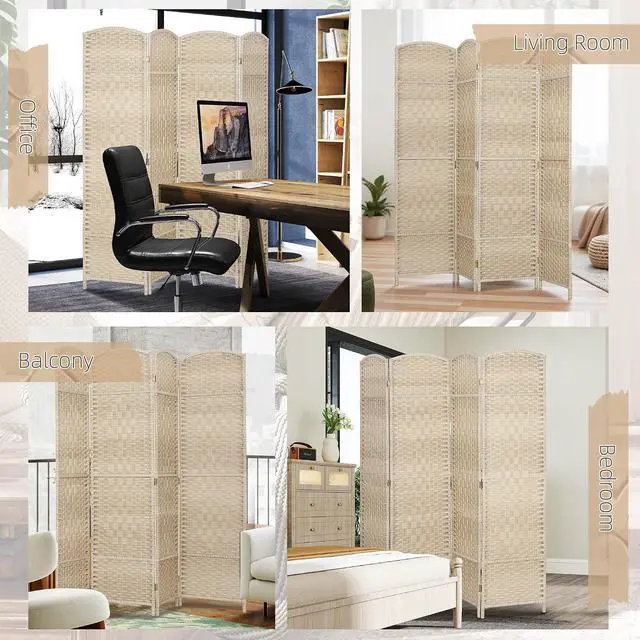 Alt view image 6 of 7 - 4 Panel Room Divider 6 Ft Privacy Screen Hand-Woven Washed Oak | Folding PP Wall Partition, Pine Wood Frame, Freestanding Room Separator, Bedroom Home Office, No Assembly