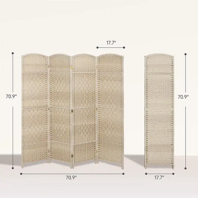 Alt view image 7 of 7 - 4 Panel Room Divider 6 Ft Privacy Screen Hand-Woven Washed Oak | Folding PP Wall Partition, Pine Wood Frame, Freestanding Room Separator, Bedroom Home Office, No Assembly