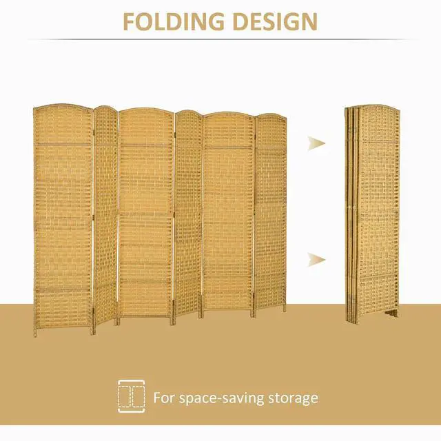 Alt view image 3 of 7 - 6 Panel Room Divider, 6' Tall Folding Privacy Screen, Hand-Woven Freestanding Wall Partition for Home Office, Bedroom, Nature Wood
