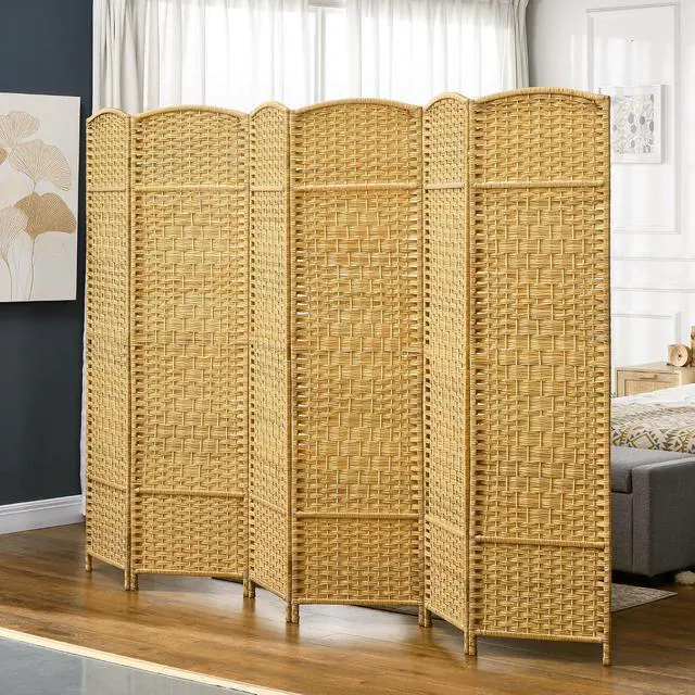 Alt view image 2 of 7 - 6 Panel Room Divider, 6' Tall Folding Privacy Screen, Hand-Woven Freestanding Wall Partition for Home Office, Bedroom, Nature Wood