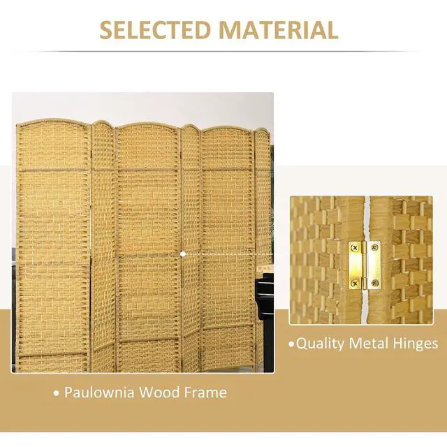 Alt view image 5 of 7 - 6 Panel Room Divider, 6' Tall Folding Privacy Screen, Hand-Woven Freestanding Wall Partition for Home Office, Bedroom, Nature Wood