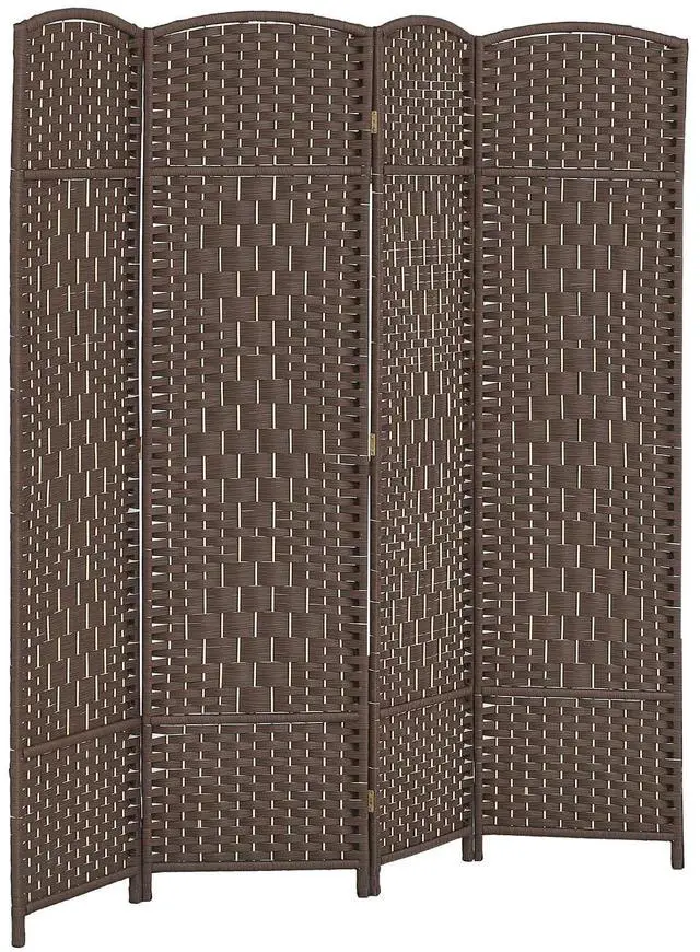 Main image of 4 Panel Room Divider 6 Ft Privacy Screen Hand-Woven Brown | Folding PP Wall Partition, Pine Wood Frame, Freestanding Room Separator, Bedroom Home Office, No Assembly